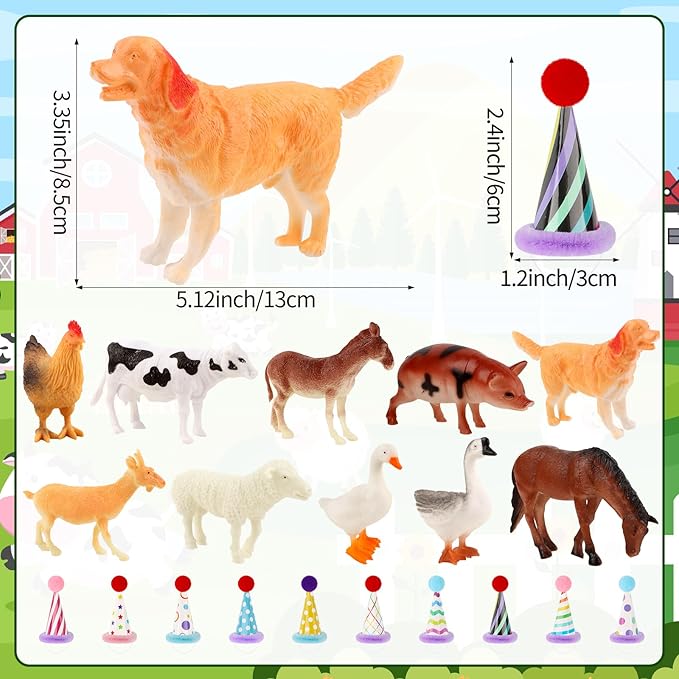 Hooqict 20Pcs Farm Animal Cake Toppers Animals Figures with Mini Party Hats Birthday Cake Decorations for Farm Birthday Party Decorations Favors Supplies
