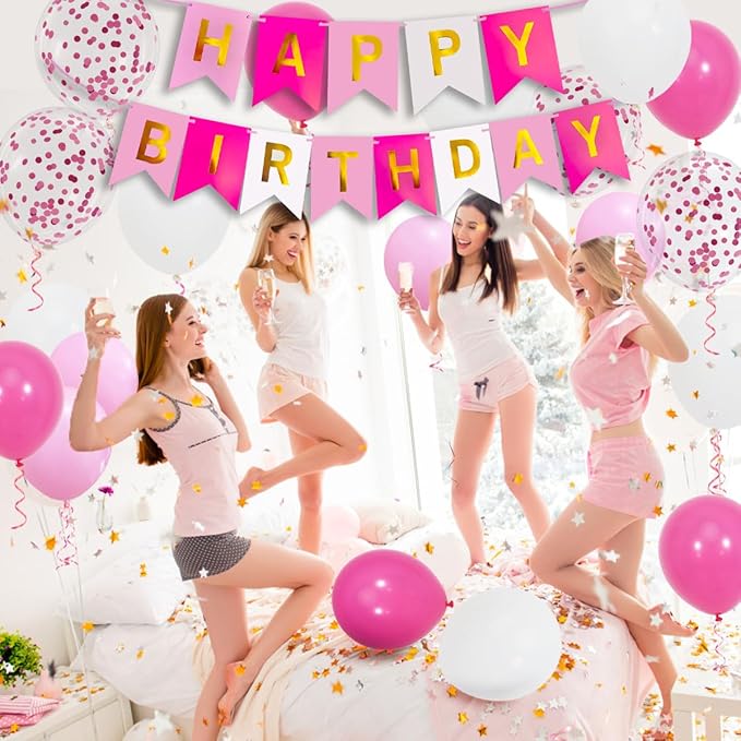 Pink Birthday Decorations, Happy Birthday Banner, 16 pcs 12 inch Balloons with 2 Ribbons for Girl and Women Party Decoration
