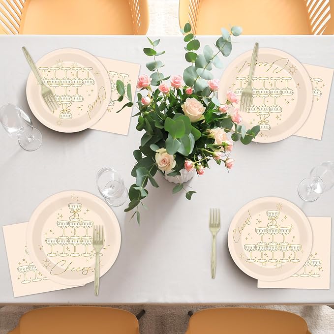 96PCS Champagne Tower Birthday Paper Plates Napkins Bachelorette Party Plates Cheers Champagne Gold Foil Disposable Dinnerware Tableware Sets for Wedding NYE Showers Supplies Decorations