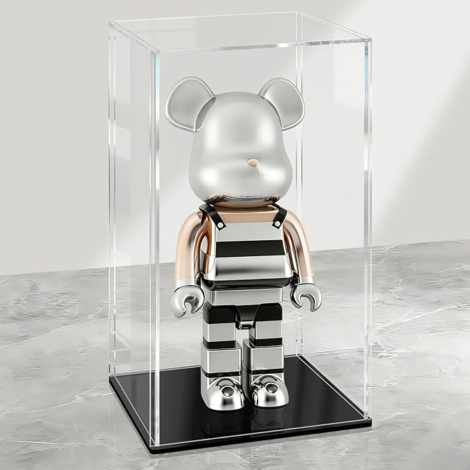 LANSCOERY Acrylic Display Case, Assemble Showcase Display Box for Collectibles, Dustproof & Seamless Display Design, Compatible with Bearbrick 400% 6x6x12inch Black Base