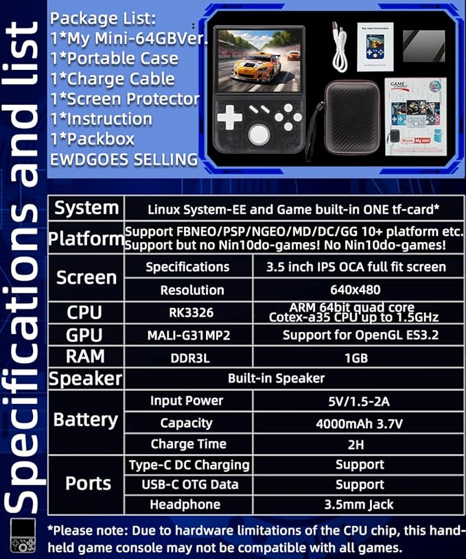 My Mini Handheld Game Console 3.5-in 640*480 IPS OCA Screen RK3326 4000mAh with Portable Case Black Transparent-64GB