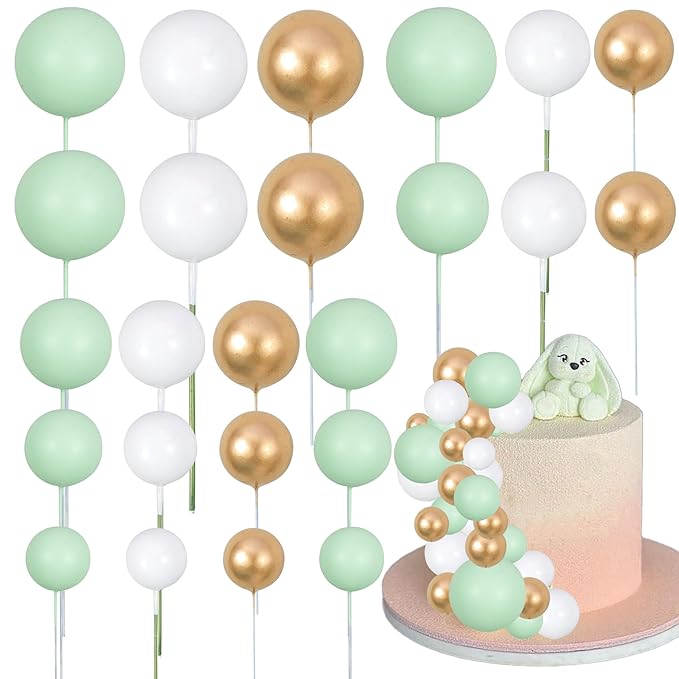 Gyufise 30Pcs Balls Cake Topper Mini Balloons Cupcake Topper DIY Cake Insert Topper Foam Cake Balls Baking Decoration for Wedding Anniversary Valentines Day Birthday Party Green Gold White