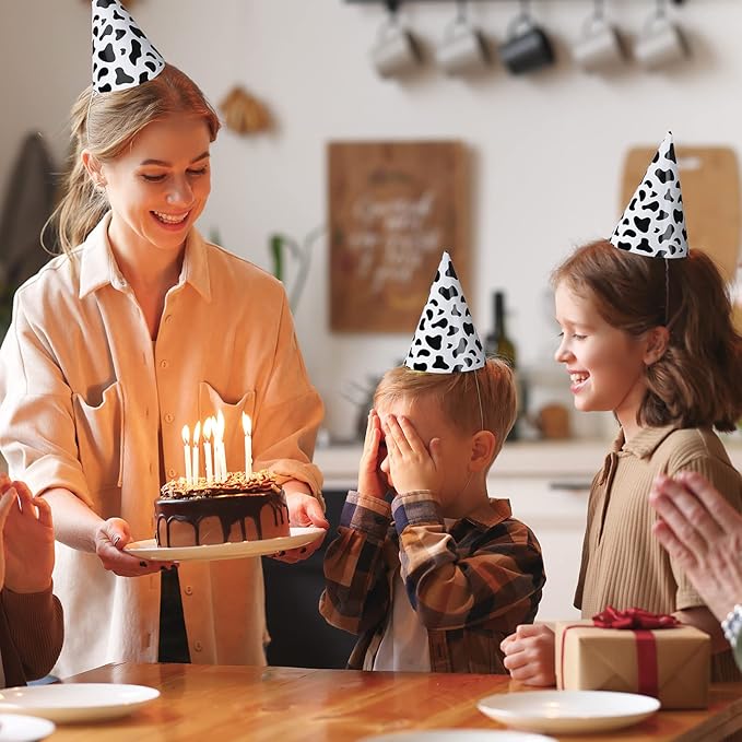 Teling 30 Pieces Birthday Party Hats Car/Cow Themed Paper Cone Hat Birthday Party Supplies Decorations for Kids(Milk Cow)