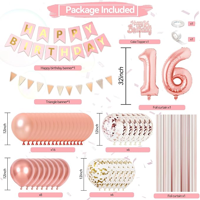 Rose Gold 16 Birthday Decorations, 16th Happy Birthday Party Decorations Set For Girl Woman Princess With Number 16 Balloons Gold Confetti Latex Balloons Flag Banner Fringe Curtain Cake Topper