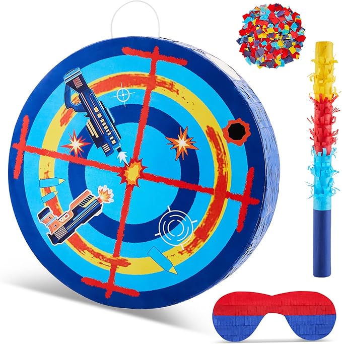 Lewtemi 13.3 Inch Shooting Targets Piñata Dart Theme Battle Piñata Set with Blindfold, Stick and Confetti Birthday Boy Decorations for Gun Birthday Parties, Kids Carnival, Holiday