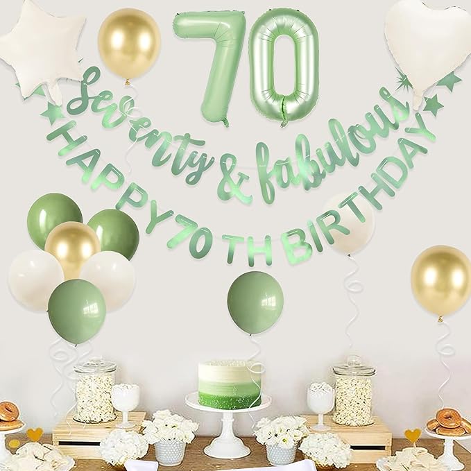 Sage Green Seventy & Fabulous Happy 70th Birthday Banner Garland Foil Balloon 70 for Womens 70th Birthday Decorations Hanging 70 and Fabulous Cheers to 70 Years Old Birthday Party Supplies Backdrop