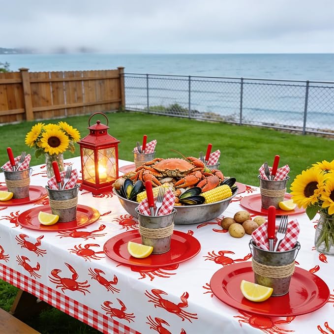 4 Pcs Crab Tablecloths, Plastic Seafood Decorations Crab Tablecloths for Seafood Boil Party Supplies Crayfish Boil Theme Party, 51 x 86 inch