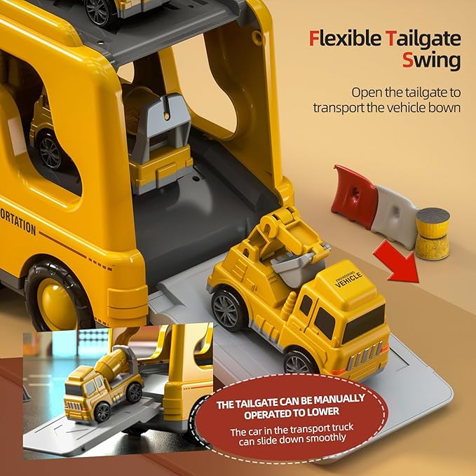 5 in 1 Construction Trucks Cars Toys for Toddlers 3-5, Boy Toddler Car Truck Toys with Light Sound, Includes Crane, Mixer, Bulldozer & Excavator, Birthday Gifts Toys for 2 3 4 5 Year Boys