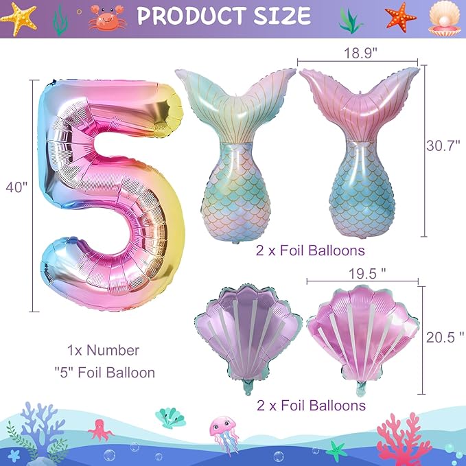 Mermaid Birthday Decorations 40 Inch Giant 5 Years Old Foil Balloons Kit for Girls Under The Sea Theme Party 21Pcs Balloons for Birthday Anniversary Baby Shower Party Decorations Supplies