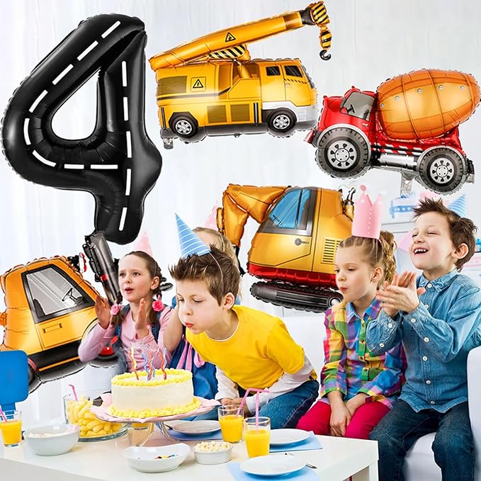 Construction Birthday Decorations 4 Year Old, Large Construction Balloons 40Inch Racetrack Black Number 4 Balloons Construction Truck Foil Balloons for Boys 4th Construction Birthday Party Supplies