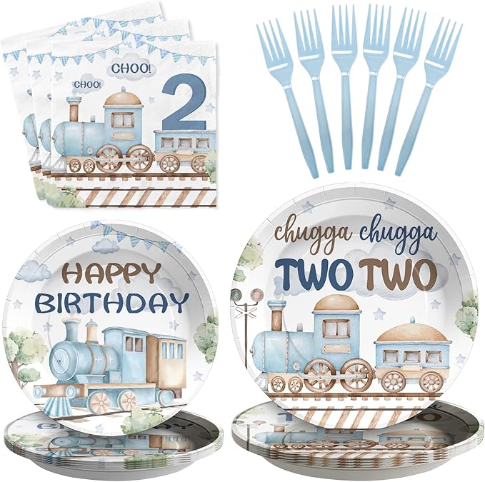 Grencian 96Pcs Chugga Chugga Two Two Birthday Party Decorations Watercolor Train 2nd Paper Plates Retro Blue Disposable Choo Choo I'm 2 Tableware Set for 2 Year Old Birthday Party Supplies, Serves 24