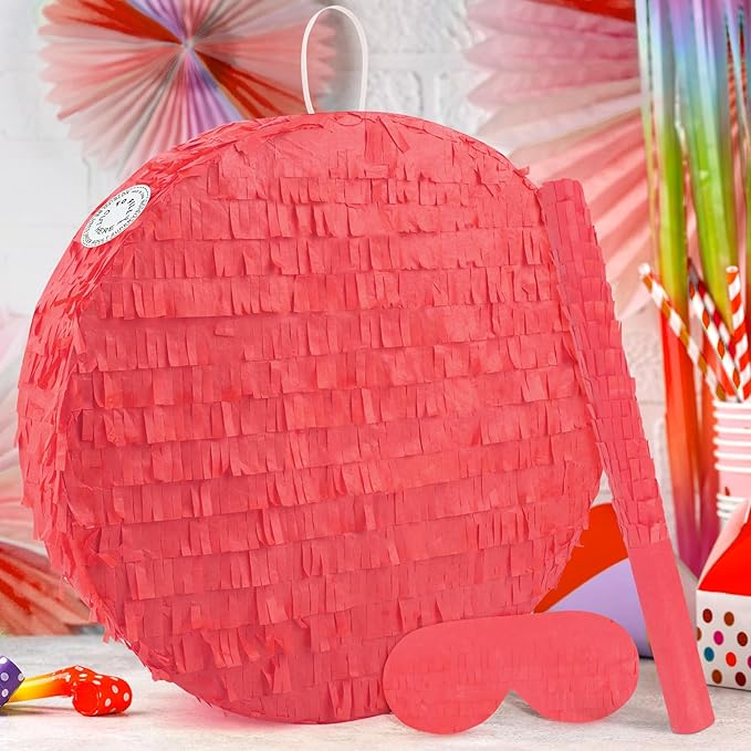 Red Round Pinata with Stick Blindfold and Confetti DIY Blank Pinata for Adults Kids Birthday Party Supplies Carnivals Thanksgiving Christmas Decorations