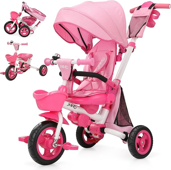 JMMD 8 in 1 Tricycle Stroller with Push Handle, Foldable Trike with 360° Swivel Seat, Reclining Backrest, All-Terrain Wheels, Dual Brakes, Canopy & Storage, Gift for Kids 18 Months to 5 Years, Pink