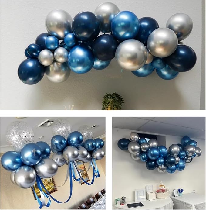 Navy Blue and Silver Balloons, 12 Inch Metallic Latex and Confetti Balloons for Birthday, Baby Shower, Graduation Decorations