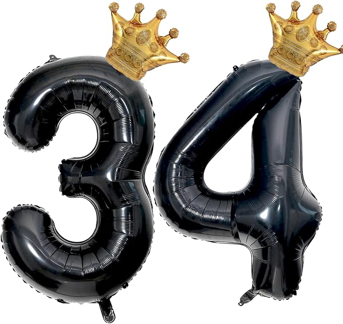 40 inch Large Black 34 Balloon Number with Gold Crown Balloons 34th Birthday Big Foil Mylar Helium Balloon for Boys Girls 34th Birthday Anniversary Decorations Supplies Favors(Number 34 Balloons）
