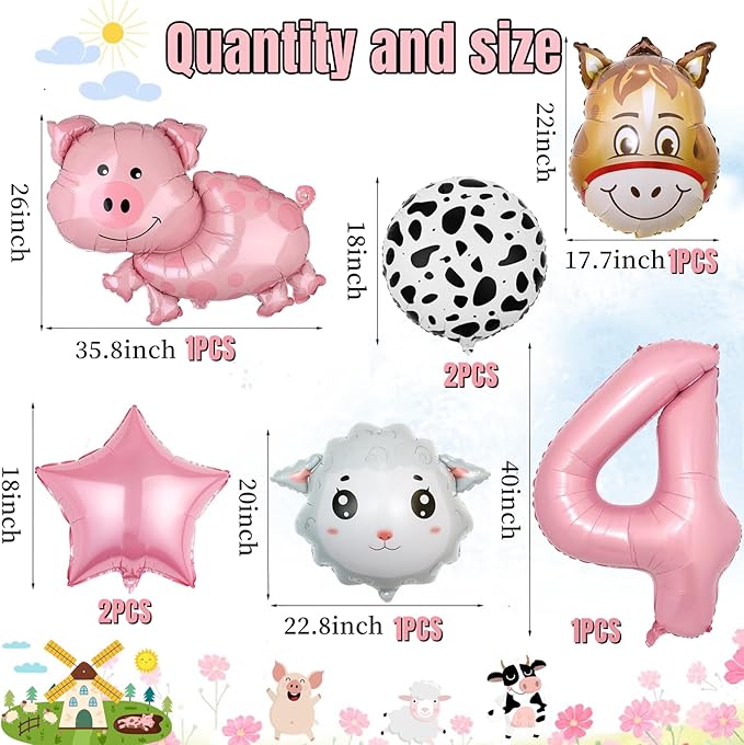 20 PCS Farm Animal Theme Party Balloons, Farm Cow Print Sheep Pig Donkey Mylar Foil Balloons Baby Shower Boy Girl 4th Birthday Party Decor Supplies (4th)