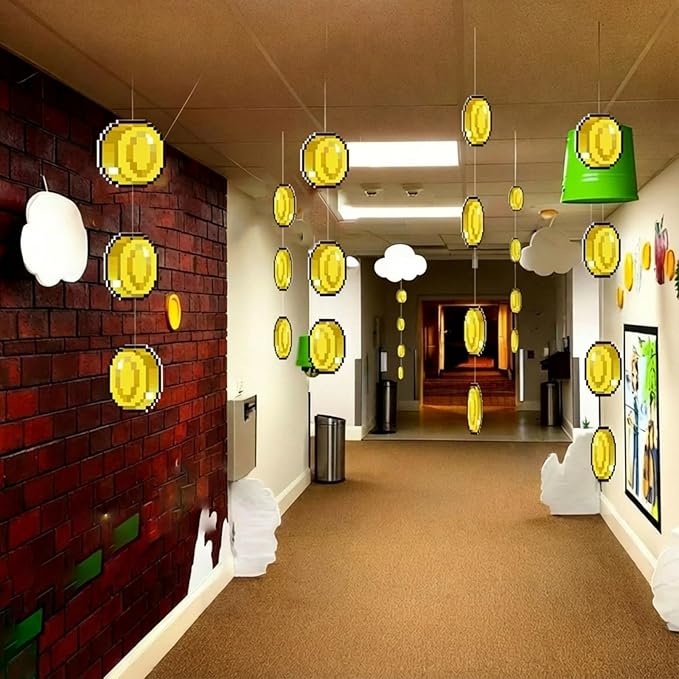 Epakh 24 Pcs Super Themed Party Decorations Hanging Birthday Party Decoration Gold Video Game Theme Ornaments Banners for Baby Shower Favors Super Game Room Home Supplies(Coin)