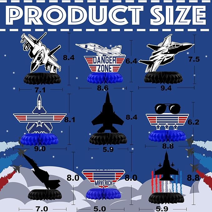 Fighter Pilot Party Honeycomb Centerpieces, 9 Pack Jet Airplane Table Decorations with Danger Zone Signs Airshow Trails Pilot Glasses, Military Jet Birthday Party Supplies for Kids Boys