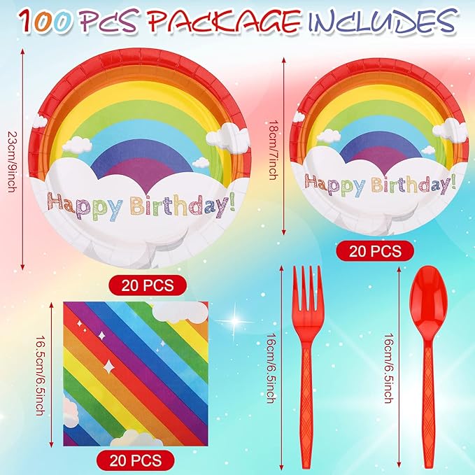 100 Pcs Rainbow Party Supplies Include 7 Inch Rainbow Plates 9 Inch Party Plates Napkins Forks and Spoons for 20 Guests Birthday Party Decorations