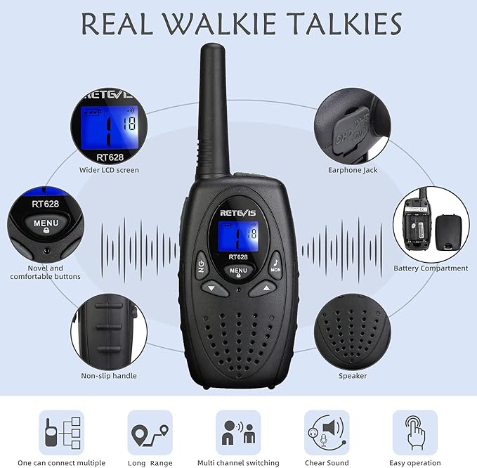 Retevis RT628 Kids Walkie Talkies for Boys (2 Pcs Black) Bundle with RT628 Walkie Talkies for Kids, Toys Gifts for 6-12 Year Old Girl Long Range 2 Way Radio for Camping Hiking