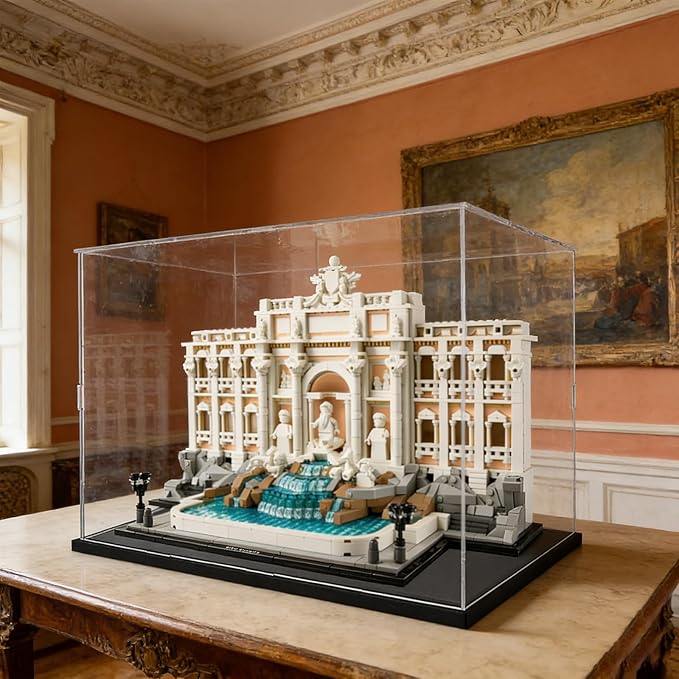 Thickened Clear Acrylic Display Case for LEGO 21062 Trevi Fountain for 42179 Planet Earth and Moon in Orbit 72037 42691 Collectibles, Transparent Box Dustproof with Light, Black Inside 15.7x7.9x11.8in