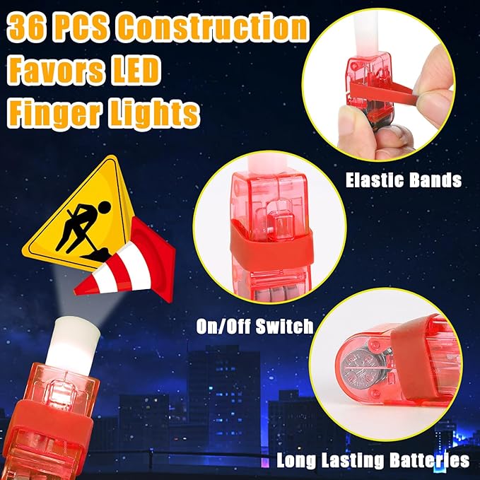 36 PCS Construction Party Favors Traffic Zone LED Light Up Finger Lights, Glow in the Dark Vehicles Party Finger Light Bulk for Chriatmas Goodie Treat Bags Stuffers Dump Truck Birthday Party Supplies
