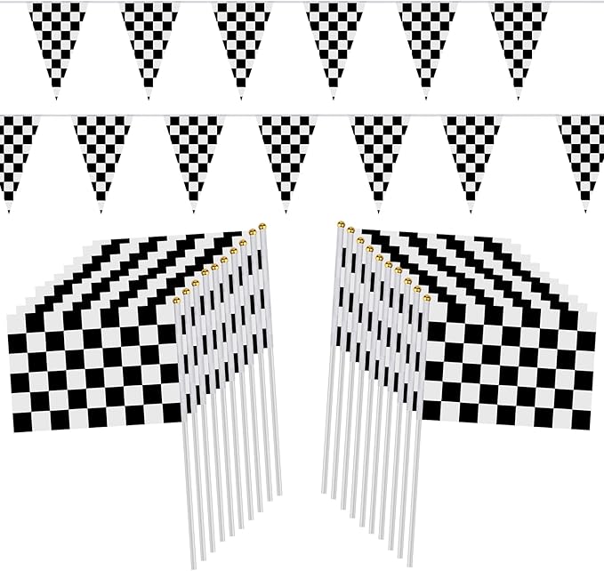 98ft Checkered Black & White Pennant Banner Racing Flags and 20Pcs 11.8 Inch Racing Flags with Plastic Sticks for Racing Party Supplies by HRLORKC