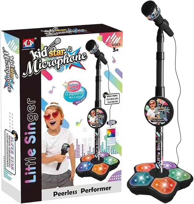 The All-in-One Microphone Toy, Portable Kids Karaoke Machine, Kids Microphones with Stand, with Flashing Stage Lights and Pedals, Guitar Toys for Fun Musical Effects (Black, Microphone)