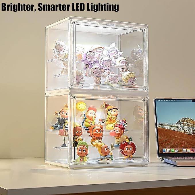 Acrylic Display Case for Collectibles with LED Light, 3-Tier Adjustable Figure Showcase, Stackable Magnetic Door for Lego Toys & Action Figures
