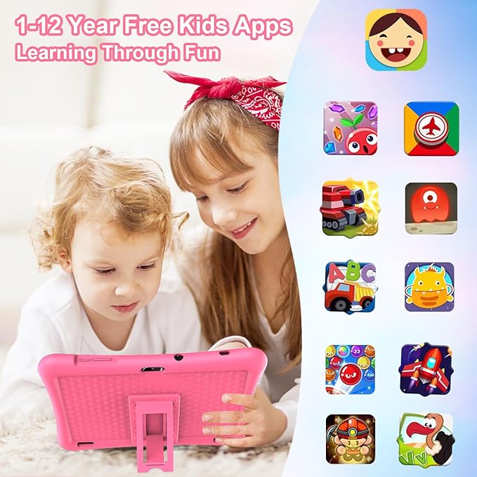 Kids Tablet 10 inch Android 13 with Shockproof Case, Quad-Core 32GB, 512GB Expandable, Parental Control, Pre-Installed Apps, 6000mAh Battery, Gifts for 3-12 Year Olds（Pink）