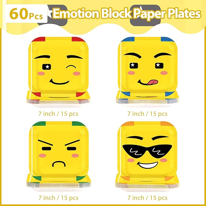60Pcs Building Birthday Party Paper Plates 7 Inch Disposable Heavy Duty Yellow Character Face Block Plates Cartoon Building Party Decorations Favors for Games Birthday Party Supplies