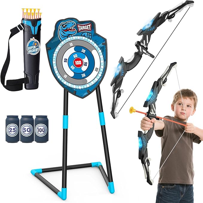 Kids LED Archery Set with Standing Target, 10 Suction Cup Arrows Bow and Arrow for Kids 3-12, Indoor Outdoor Sport Toy for Boys Girls