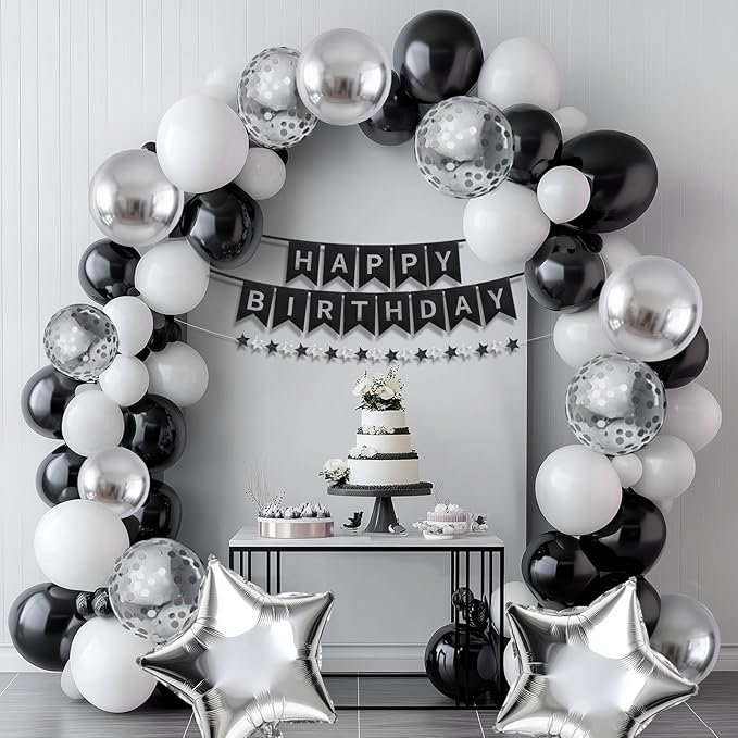 Black and Silver Birthday Decorations for Men, Happy Birthday Party Decorations, Happy Birthday Banner, Balloons, Foil Fringe Curtains, Tissue Paper Pompoms, Star Garland, Party Decor