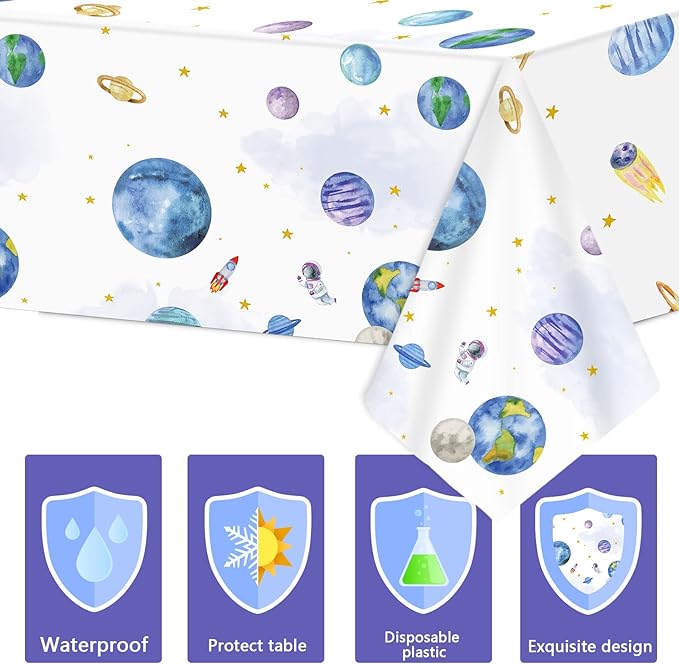 ZOIIWA 3 Piece First Trip Around The Sun Birthday Tablecloth 1st Space Birthday Plastic Disposable Outer Space Table Cover Solar System Table Decoration for Boho Sun Theme Party Baby Shower Supplies