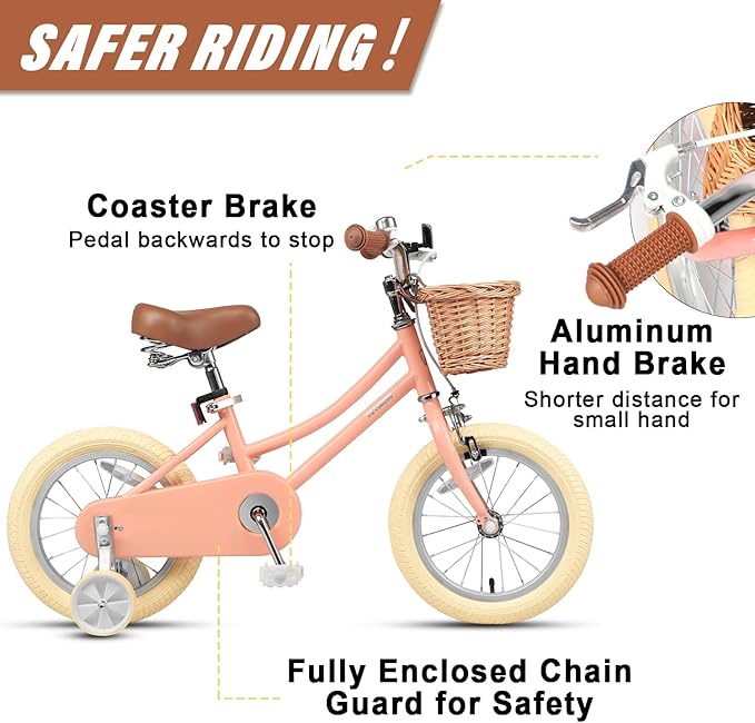 Petimini Vintage Kids Bike for Girls, 12–20 Inch Classic Bicycle with Wicker Basket & Bell, High Tensile Steel Frame, Training Wheels (12–18”), 85% Pre-Assembled, Retro Bike for Outdoor Riding