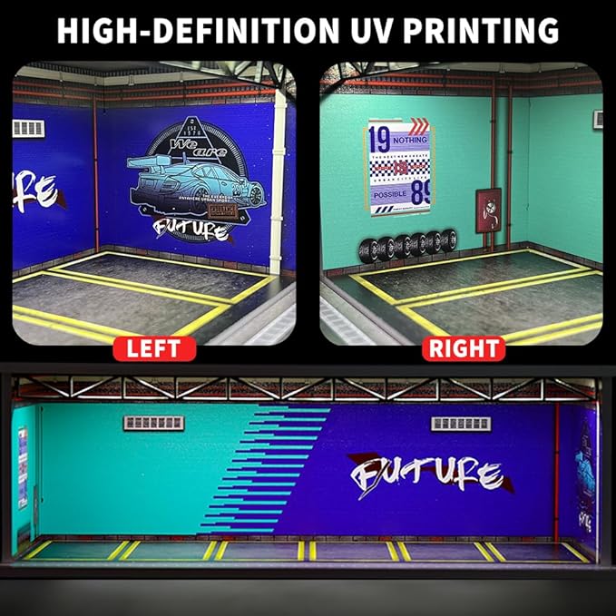 1/64 Scale Hot die-cast Wheels Model car scenarios Display case with LED Light and Acrylic Cover, Scenes Parking lot Diorama Storage Garage Box with 6 Parking Spaces (Future)