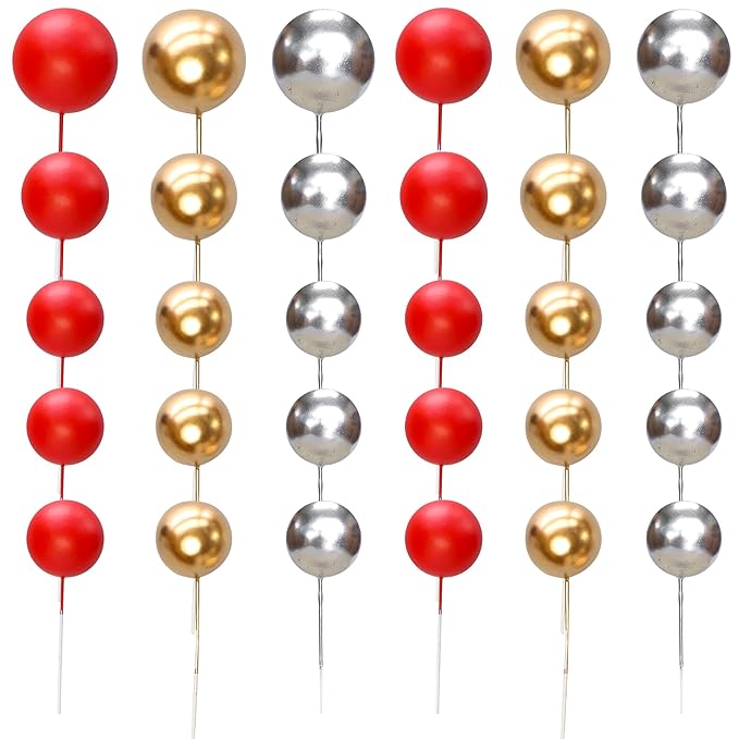 Gyufise 30Pcs Christmas Mini Balloon Cake Topper Foam Ball Cake Picks Cupcake Faux Pearl Balls DIY Cake Insert Topper Decoration for Christmas Graduation Birthday Party Red Gold Silver