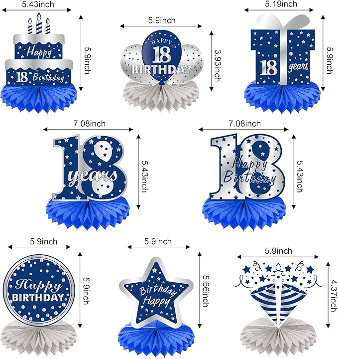 Kauayurk 8Pcs 18th Birthday Decorations Table Centerpiece Party Supplies, Blue Silver Happy 18 Year Old Birthday Honeycomb Centerpieces, Eighteen Birthday Table Topper Decor
