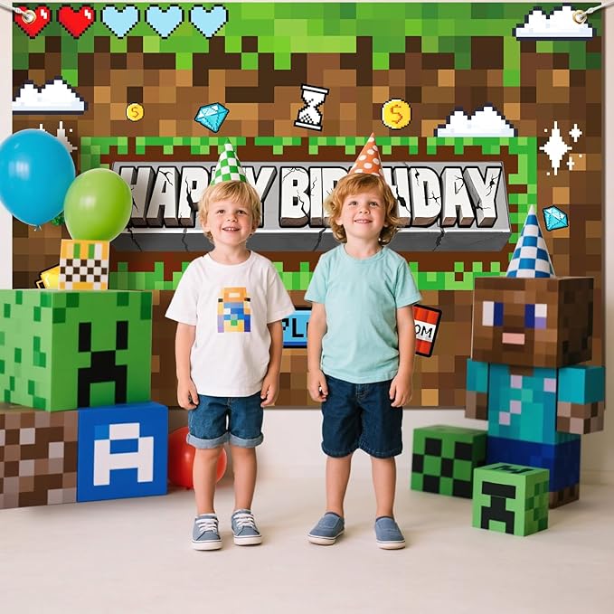 Pixel Birthday Party Decorations Pixel Video Game Banner for Miner Birthday Party Backdrop Photo Background Wall Decor Mining Party Supplies