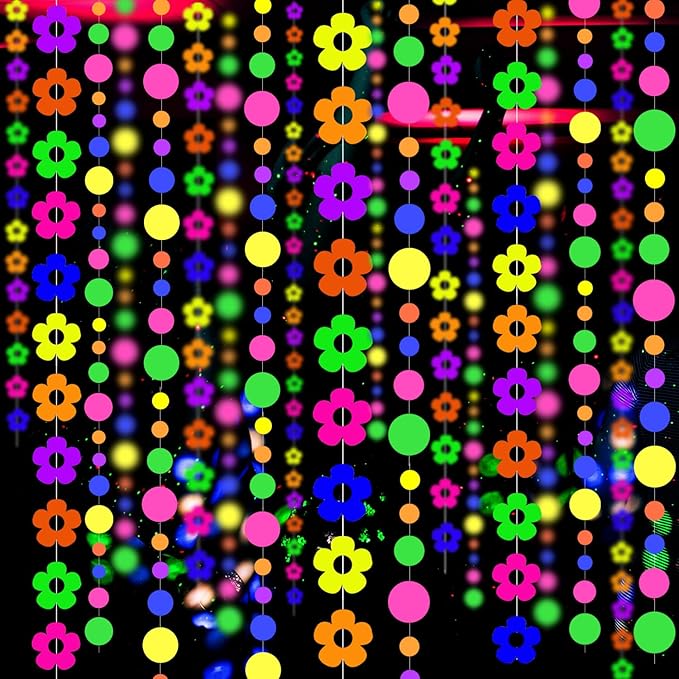 120 Feet Flower Dot Glow in The Dark Party Supplies and Decorations UV Neon Garland Streamers for Party Birthday Banner Black Light Neon Decorations for Dark Glow Party UV Reactive Neon Party Favors