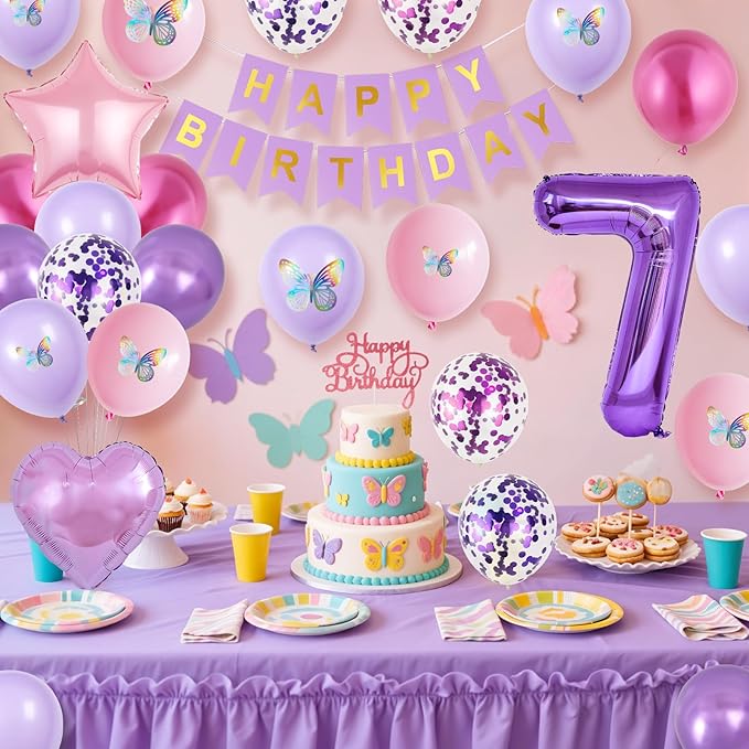 7th Pink Purple Birthday Decorations,Pink Purple 7th Birthday Balloons for Girls Lavender Party Decor Banner Number 7 Balloons Cake Topper Butterfly Party Decorations for 7 Year Old Girls