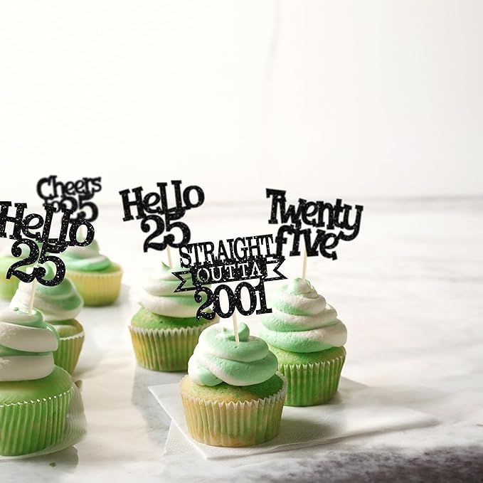 Ephlyn 24Pcs 25th Birthday Cupcake Toppers Glitter Straight Outta 2001 Cupcake Picks Hello 25 Cheers to 25 Years Cake Decorations for 25th Birthday Anniversary Party Decorations Supplies Black