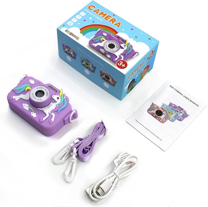 Unicorn Camera for Kids - Toddler Digital Selfie Camera with Silicone Cover, Flash and 32GB SD Card - Children Toy HD Video Kids Camera for Girls and Boys 3-12 Years - Purple