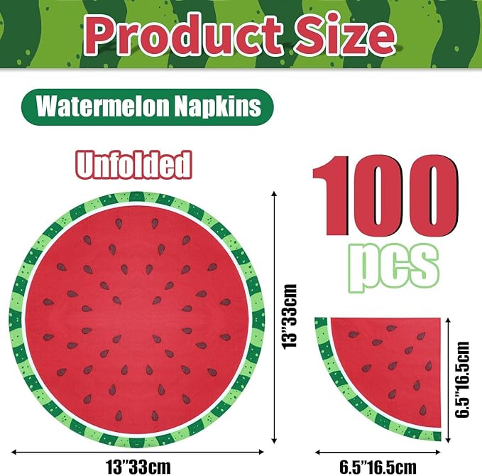 100Pcs Watermelon Napkins, Disposable Watermelon Slices Napkins, Picnic Napkins for Kids Baby Shower Summer Tropical Fruit Watermelon Party Supplies, 13 x 13 Inches