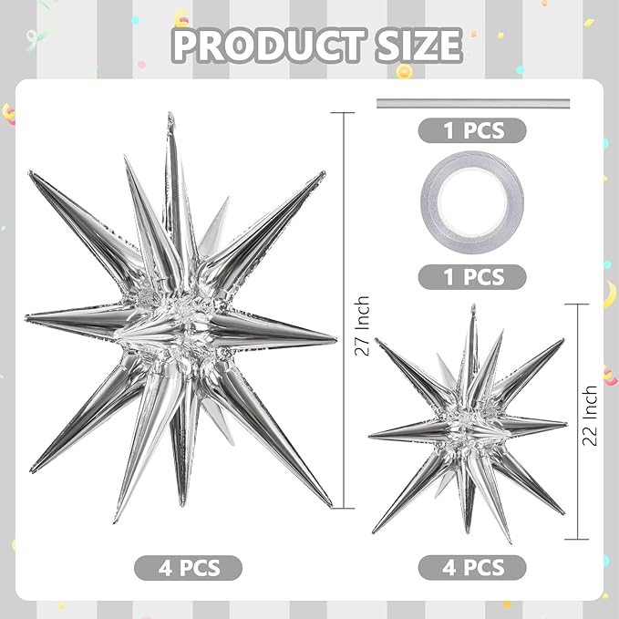 TONIFUL 8 Pcs Silver Foil Star Balloons Large Mylar Explosion Balloons for Party Backdrop Christmas New Year Birthday Wedding Baby Shower Anniversary Photo Booth Supplies