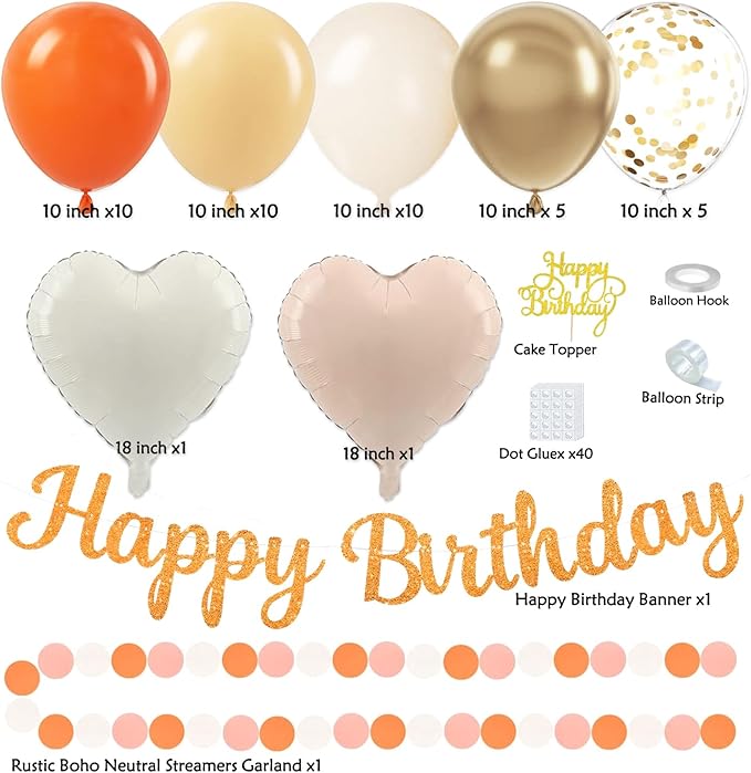 Orange-Peach Fall Boho Birthday Party Decorations - 62pcs Happy Birthday Banner, Beige Rustic Paper Lanterns, Streamers, Tissue Pom Poms, Burnt Orange Apricot Party Balloons, Fall Backdrop Decor