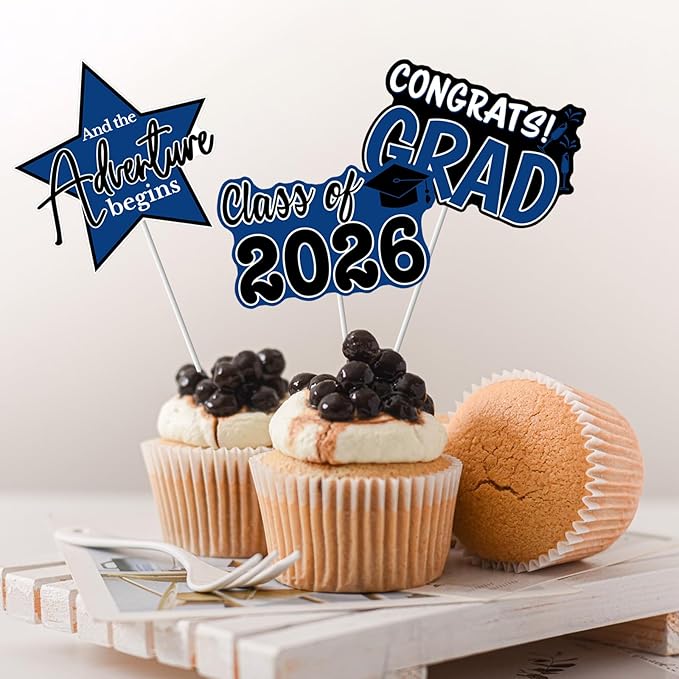 2026 Graduation Cupcake Toppers - 48 Pcs Blue Graduation Party Supplies Mini Cake Food/Appetizer Picks For Class of 2026 Graduation Decorations