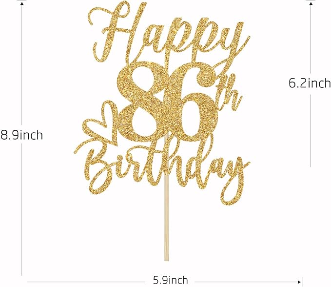Happy 86th Birthday Cake Topper, 86th Birthday Decorations for Men/Women, Cheers to 86 Years, Hello 86, 86th Happy Birthday Party Supplies Gold Glitter