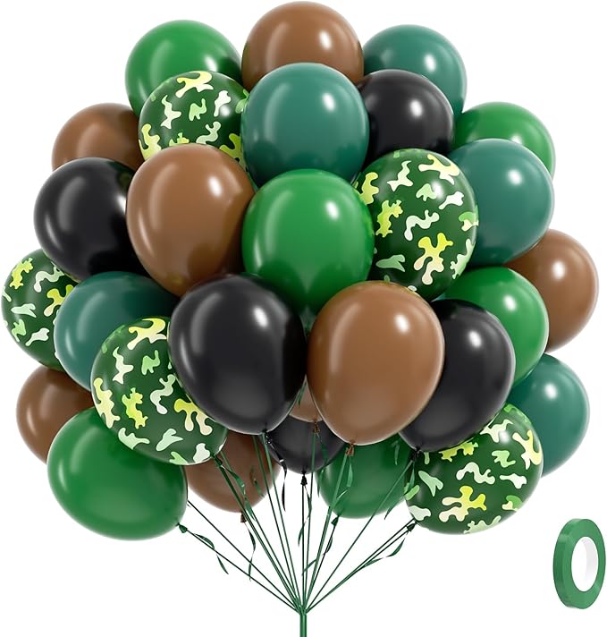60pcs 12inch Camo Balloons, Green and Brown balloons with Dark Green Black Balloons for Hunting Camping Game Jungle Theme Camo Birthday Party Decorations