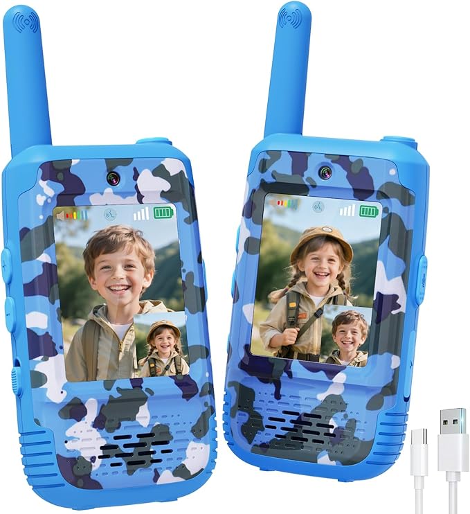 Video Walkie Talkies for Kids with Voice Changer, 2 Pack Rechargeable Kids Walkie Talkies, Outdoor Play Toys Birthday Gifts for 3-12 Year Old Boys Girls, Camping Hiking Family Games